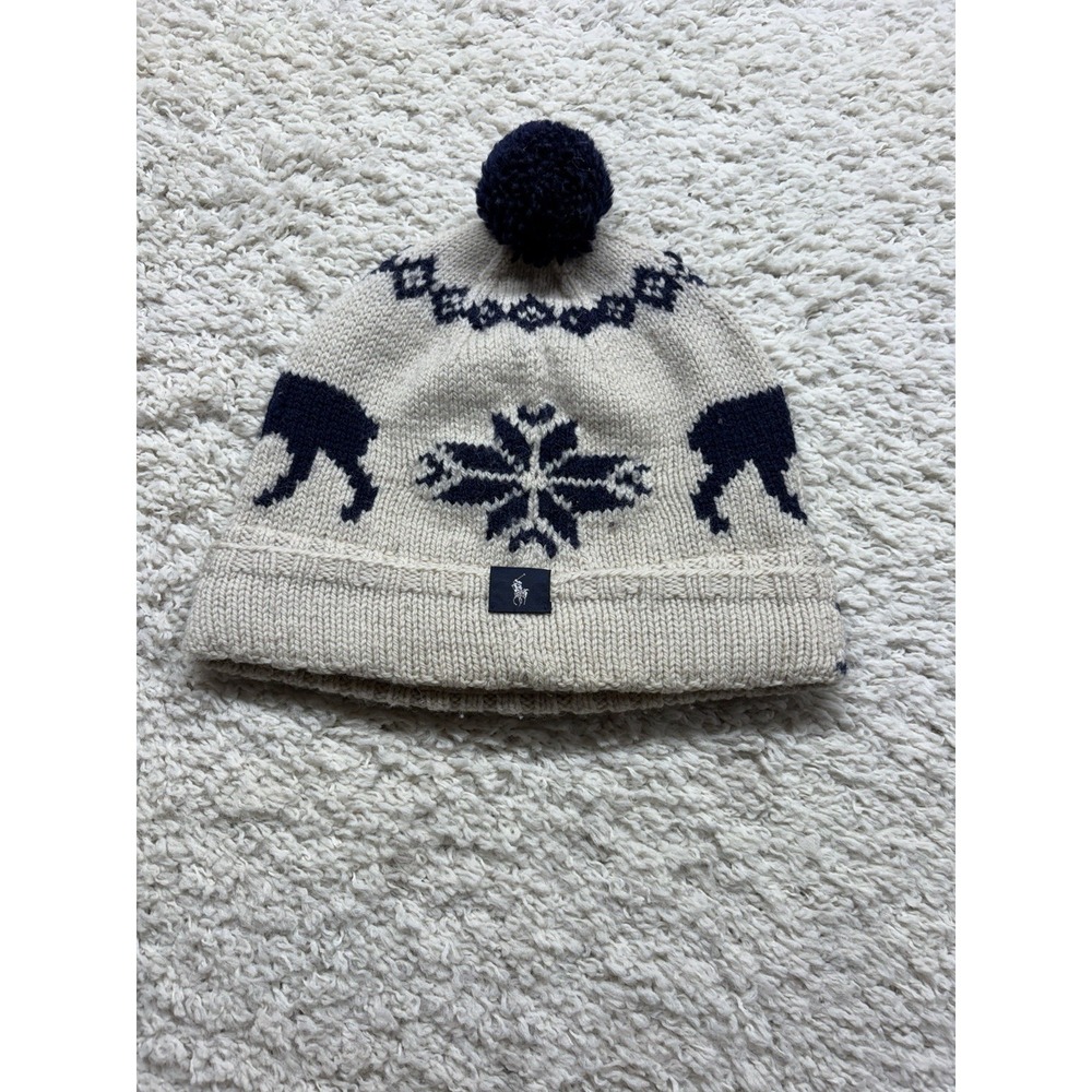 Polo Ralph Lauren Ski Pom Beanie Hat One Size Cream Wool  Skier Knit